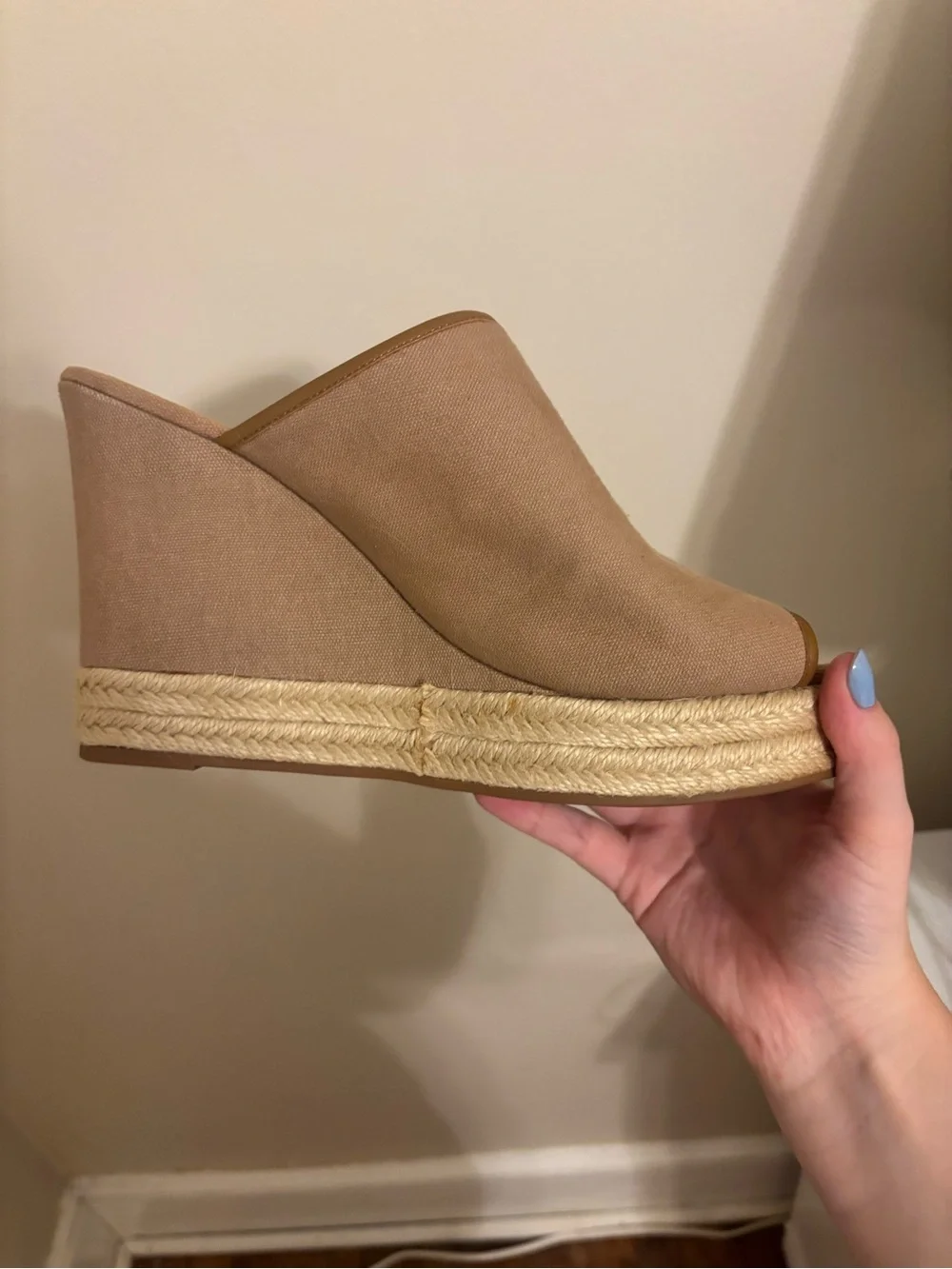 Tory Burch open toe tan brown canvas wedges